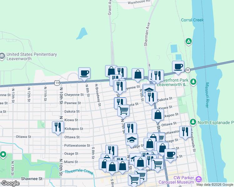 map of restaurants, bars, coffee shops, grocery stores, and more near 625 Cheyenne Street in Leavenworth