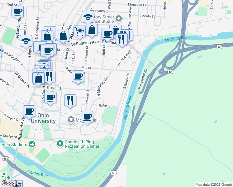 map of restaurants, bars, coffee shops, grocery stores, and more near 42 North McKinley Avenue in Athens
