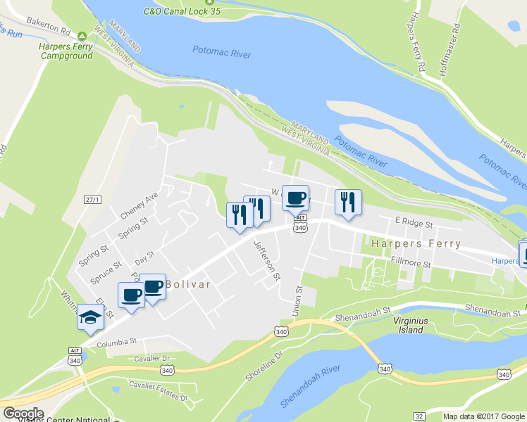 map of restaurants, bars, coffee shops, grocery stores, and more near 70 Gilbert Street in Bolivar