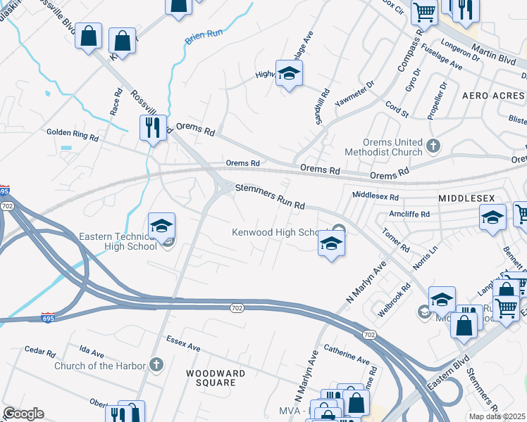 map of restaurants, bars, coffee shops, grocery stores, and more near 14 Misty Meadows Court in Essex