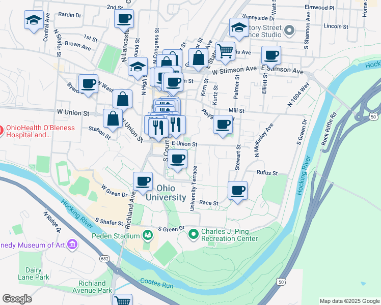 map of restaurants, bars, coffee shops, grocery stores, and more near 45 University Terrace in Athens