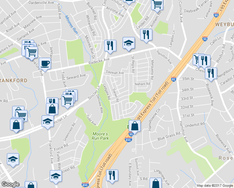 map of restaurants, bars, coffee shops, grocery stores, and more near 5203 Darien Road in Baltimore