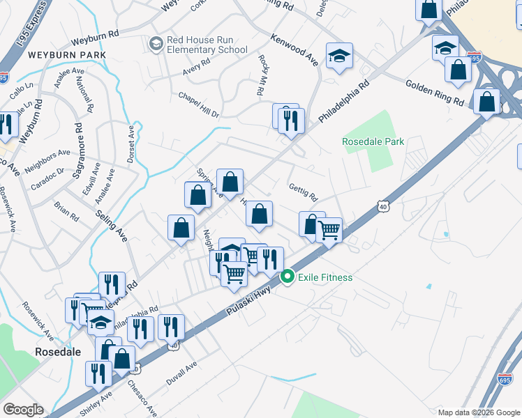map of restaurants, bars, coffee shops, grocery stores, and more near 1234 Hilldale Rd in Rosedale