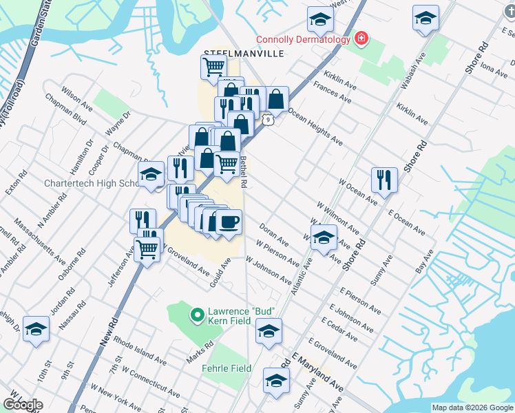 map of restaurants, bars, coffee shops, grocery stores, and more near 216 W Dawes Ave in Somers Point