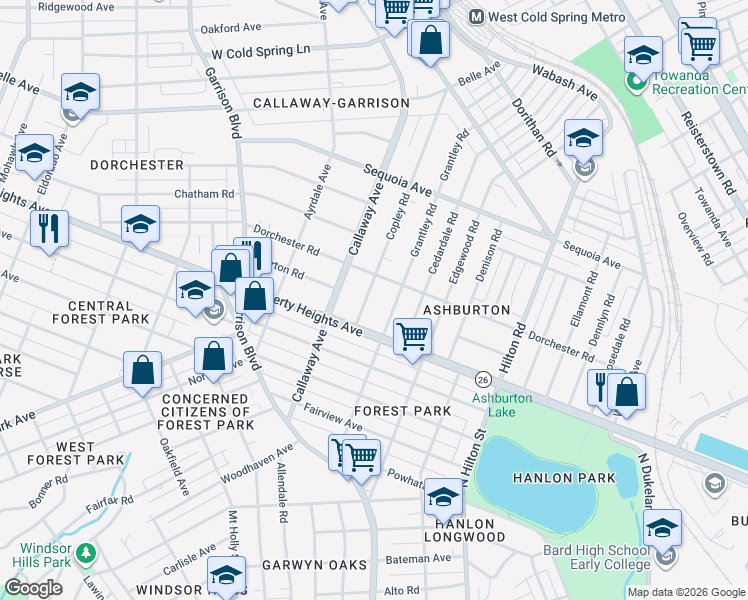 map of restaurants, bars, coffee shops, grocery stores, and more near 3407 Copley Road in Baltimore