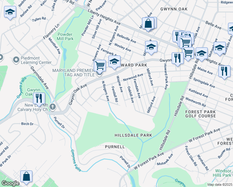 map of restaurants, bars, coffee shops, grocery stores, and more near 2917 Fendall Road in Baltimore