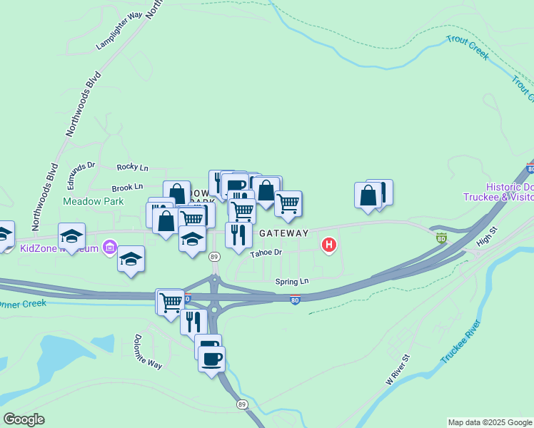 map of restaurants, bars, coffee shops, grocery stores, and more near 11200 Donner Pass Road in Truckee