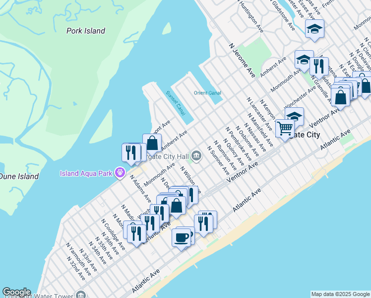map of restaurants, bars, coffee shops, grocery stores, and more near 8907 Monmouth Avenue in Margate City