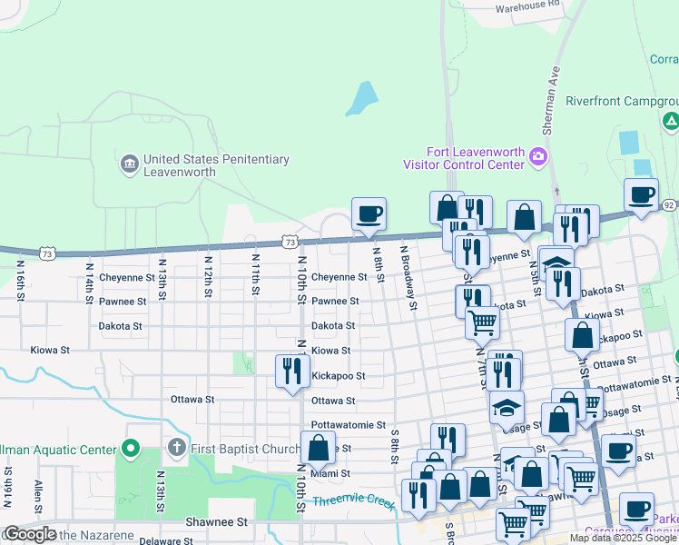map of restaurants, bars, coffee shops, grocery stores, and more near 908 Cheyenne Street in Leavenworth