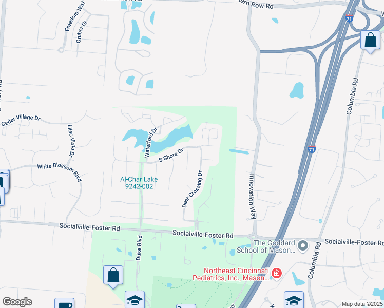 map of restaurants, bars, coffee shops, grocery stores, and more near 7668 East Bay Drive in Mason
