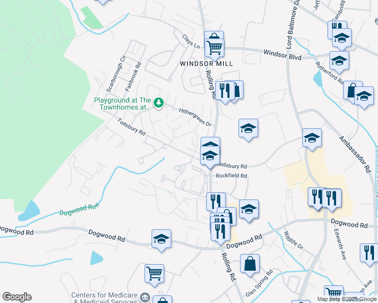 map of restaurants, bars, coffee shops, grocery stores, and more near 7513 Lexham Court in Milford Mill