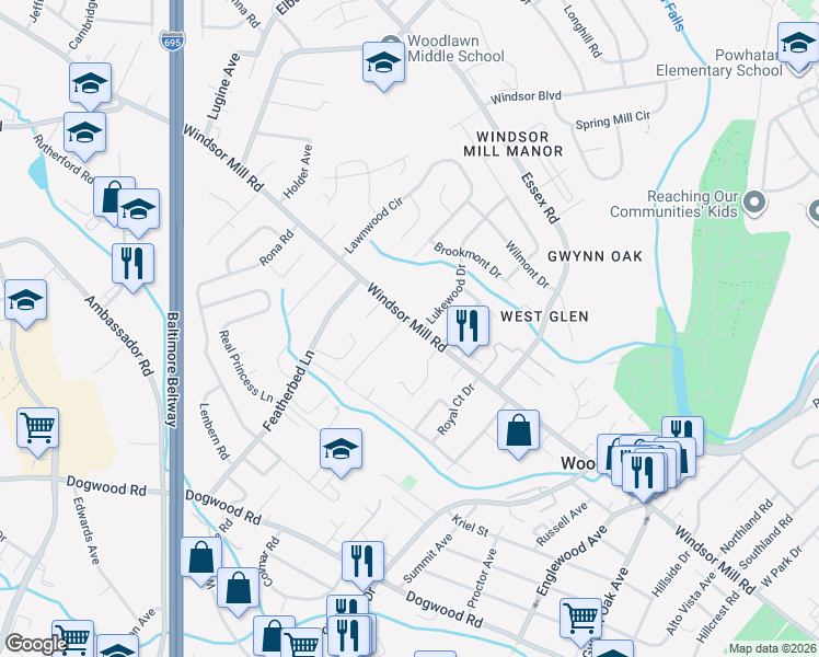 map of restaurants, bars, coffee shops, grocery stores, and more near 6731 Windsor Mill Road in Baltimore