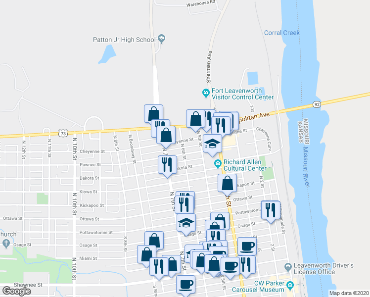 map of restaurants, bars, coffee shops, grocery stores, and more near 1014 North 6th Street in Leavenworth