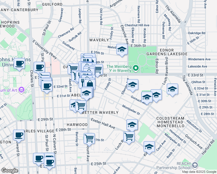 map of restaurants, bars, coffee shops, grocery stores, and more near 703 Gorsuch Avenue in Baltimore
