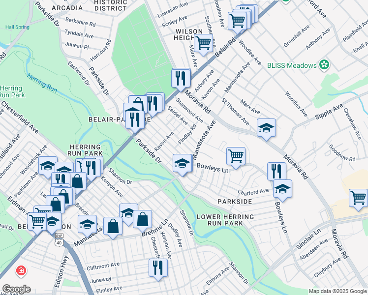 map of restaurants, bars, coffee shops, grocery stores, and more near 4351 Nicholas Avenue in Baltimore