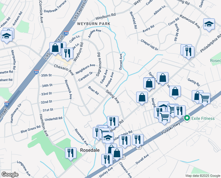 map of restaurants, bars, coffee shops, grocery stores, and more near 8102 Woodhaven Road in Rosedale