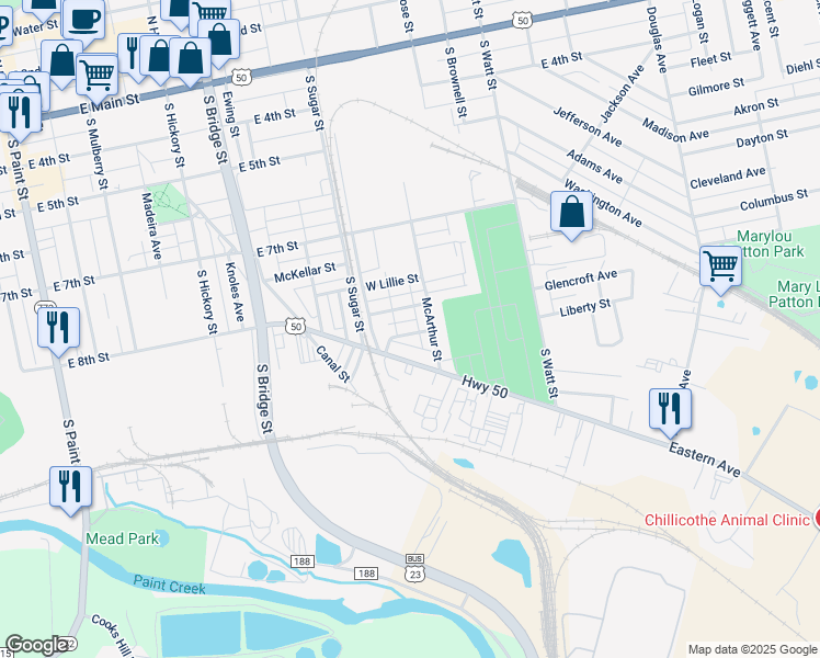 map of restaurants, bars, coffee shops, grocery stores, and more near 469 Stanley Street in Chillicothe