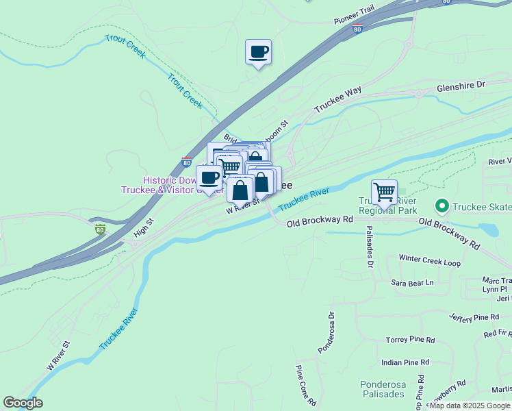 map of restaurants, bars, coffee shops, grocery stores, and more near 10039 West River Street in Truckee