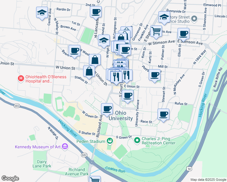 map of restaurants, bars, coffee shops, grocery stores, and more near 1 President St in Athens