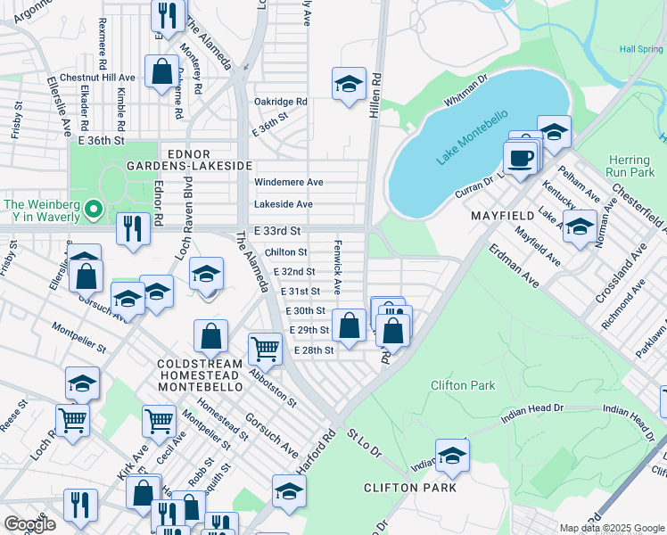 map of restaurants, bars, coffee shops, grocery stores, and more near 1728 East 32nd Street in Baltimore