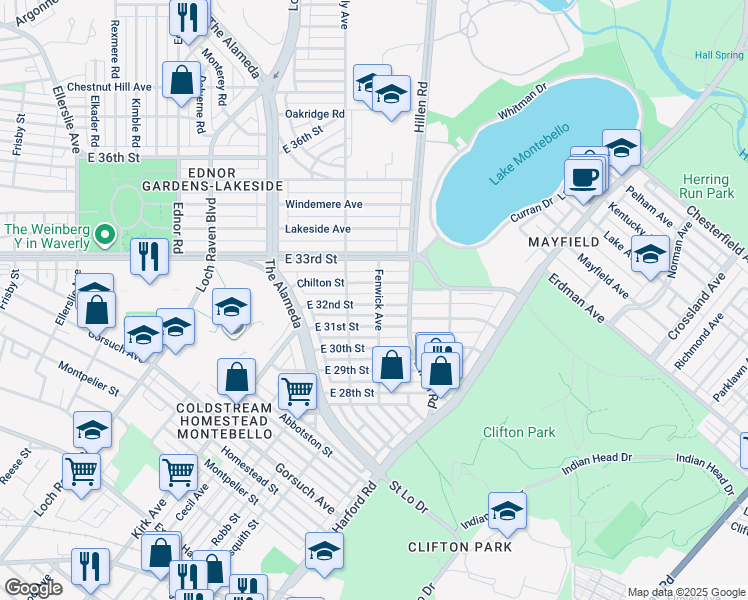 map of restaurants, bars, coffee shops, grocery stores, and more near 1728 East 32nd Street in Baltimore