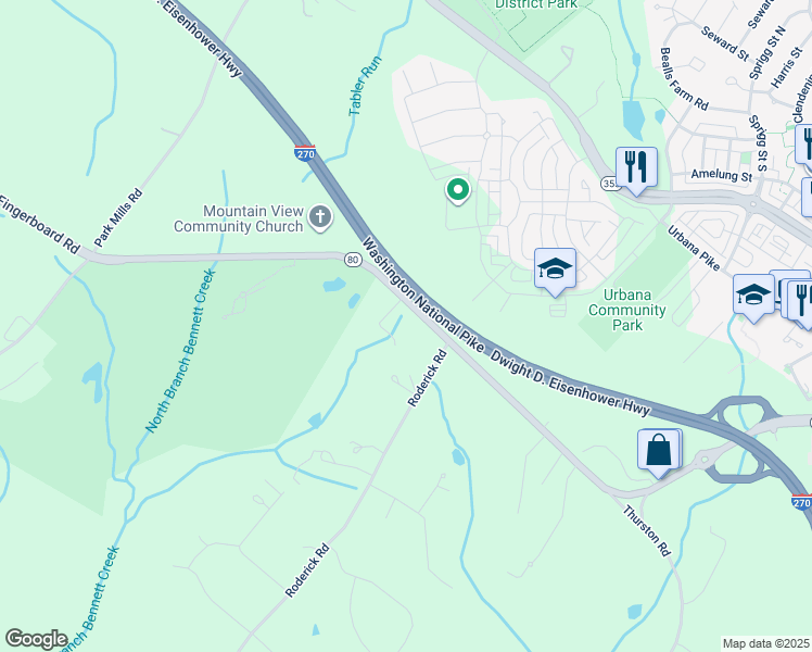 map of restaurants, bars, coffee shops, grocery stores, and more near 8433 Fingerboard Road in Frederick