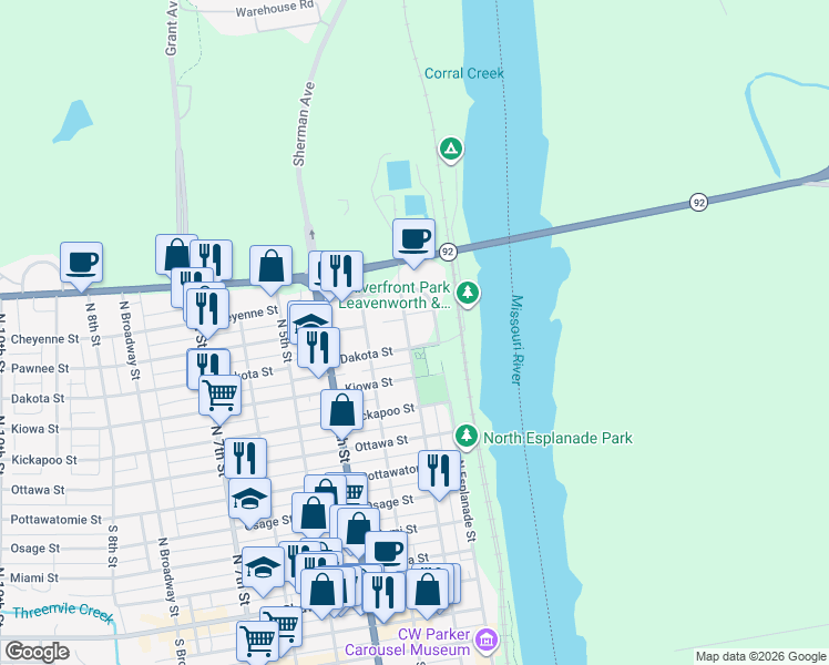 map of restaurants, bars, coffee shops, grocery stores, and more near 920 North 2nd Street in Leavenworth