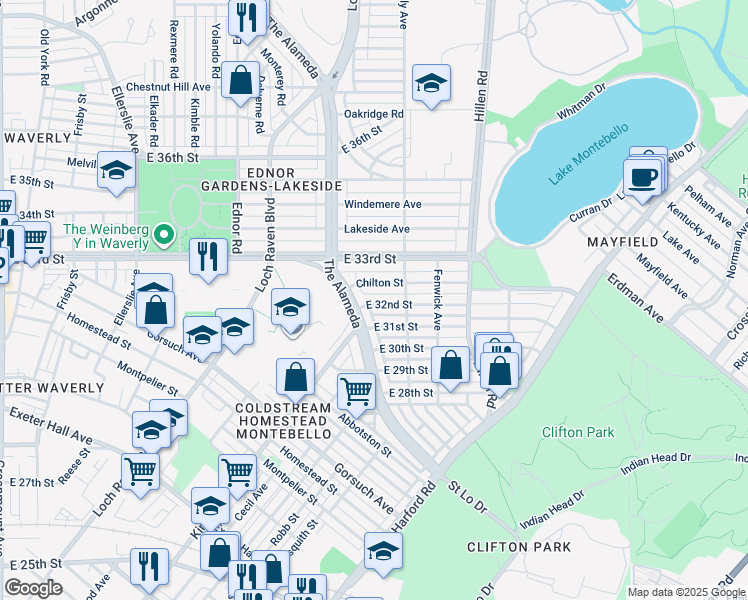 map of restaurants, bars, coffee shops, grocery stores, and more near 1610 East 32nd Street in Baltimore