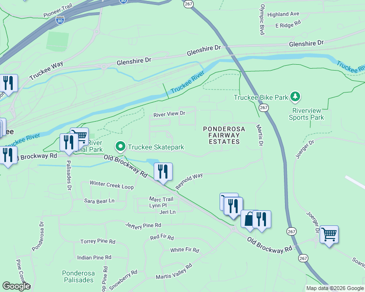 map of restaurants, bars, coffee shops, grocery stores, and more near 10100 Estates Drive in Truckee