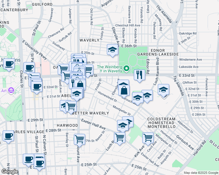 map of restaurants, bars, coffee shops, grocery stores, and more near 804 Gorsuch Ave in Baltimore