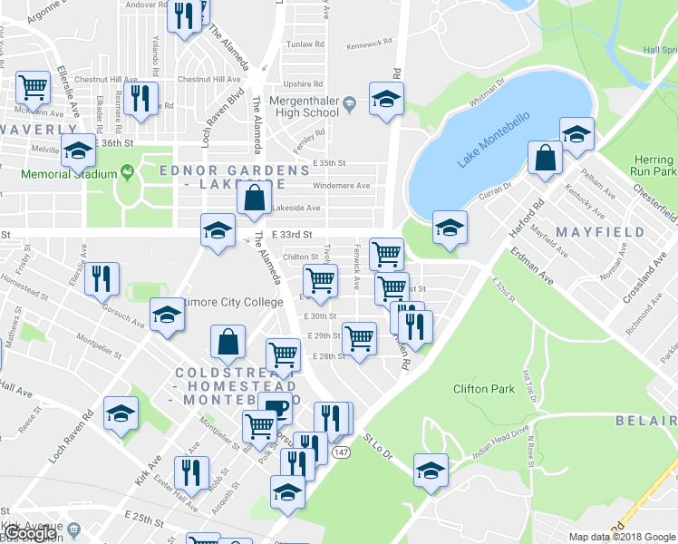 map of restaurants, bars, coffee shops, grocery stores, and more near 1710 East 32nd Street in Baltimore