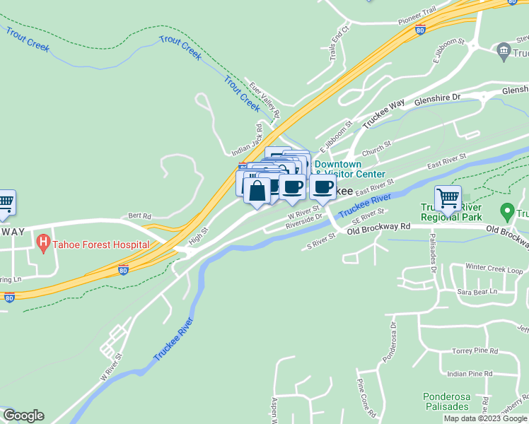 map of restaurants, bars, coffee shops, grocery stores, and more near 10157 Donner Pass Road in Truckee