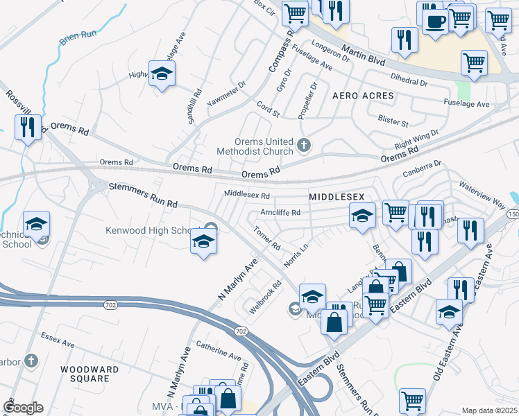 map of restaurants, bars, coffee shops, grocery stores, and more near 730 Arncliffe Road in Essex
