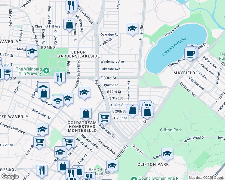 map of restaurants, bars, coffee shops, grocery stores, and more near 1620 East 32nd Street in Baltimore
