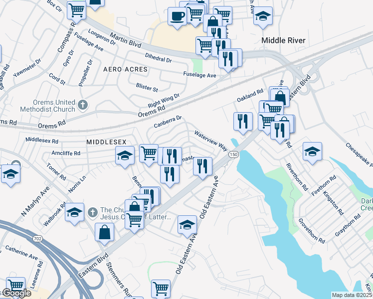 map of restaurants, bars, coffee shops, grocery stores, and more near 203 Commodore Drive in Essex