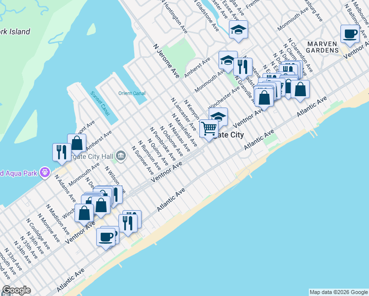 map of restaurants, bars, coffee shops, grocery stores, and more near 6 North Nassau Avenue in Margate City
