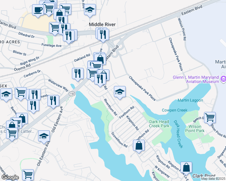 map of restaurants, bars, coffee shops, grocery stores, and more near 2214 Hawthorne Road in Middle River