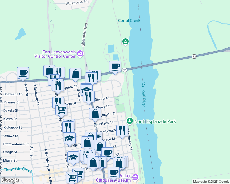map of restaurants, bars, coffee shops, grocery stores, and more near 920 North 2nd Street in Leavenworth