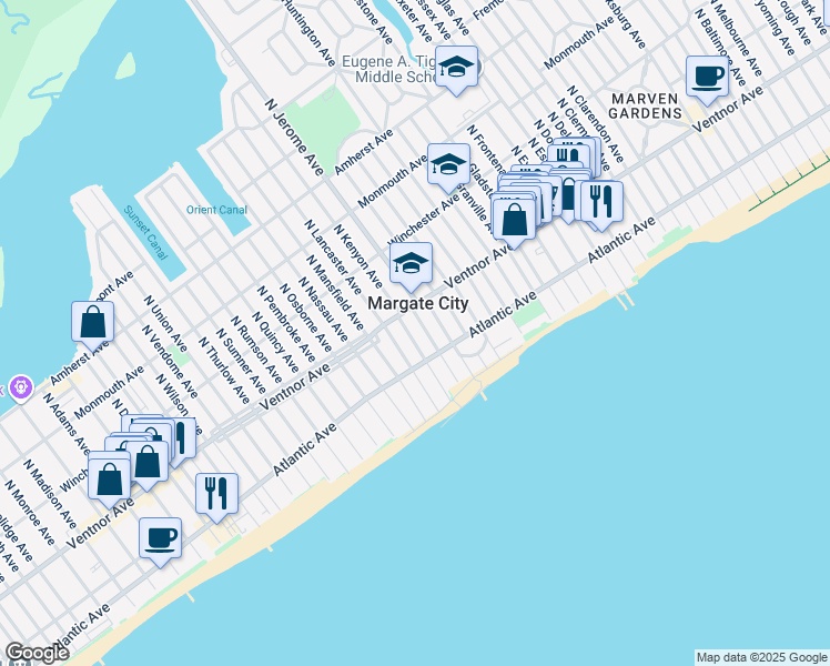 map of restaurants, bars, coffee shops, grocery stores, and more near 11 South Kenyon Avenue in Margate City