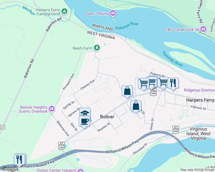 map of restaurants, bars, coffee shops, grocery stores, and more near 28 Rutherford Place in Bolivar