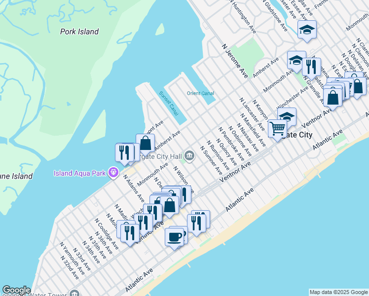 map of restaurants, bars, coffee shops, grocery stores, and more near 8907 Monmouth Avenue in Margate City