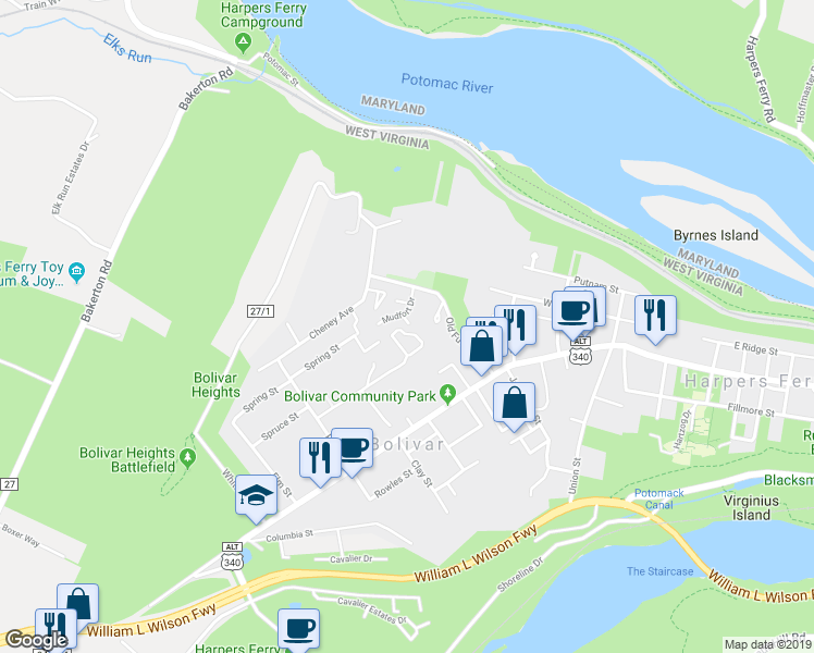 map of restaurants, bars, coffee shops, grocery stores, and more near 28 Rutherford Place in Bolivar