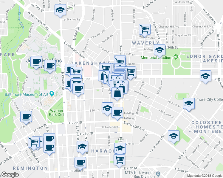 map of restaurants, bars, coffee shops, grocery stores, and more near 3123 Barclay Street in Baltimore