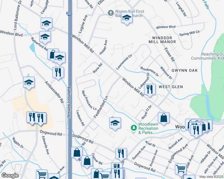 map of restaurants, bars, coffee shops, grocery stores, and more near 2025 Featherbed Lane in Baltimore