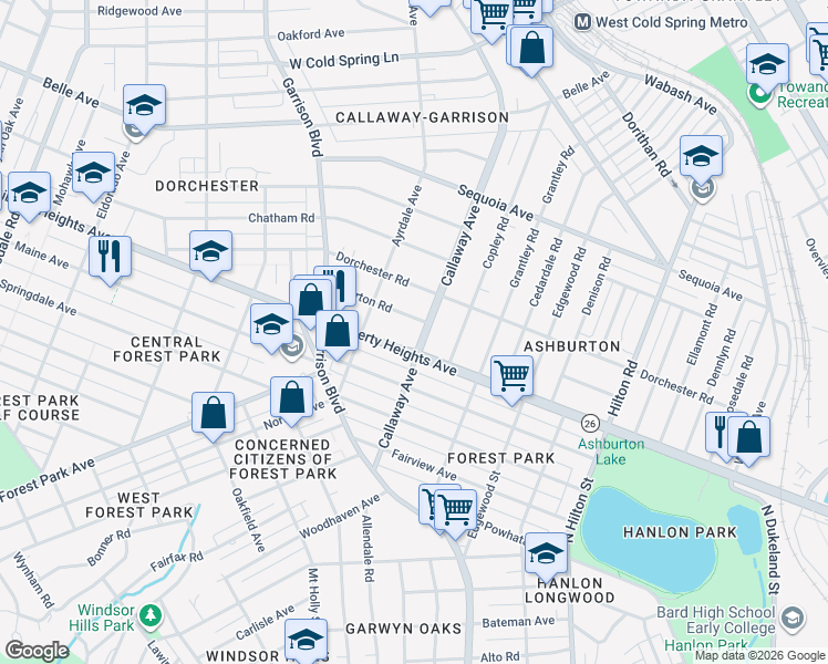 map of restaurants, bars, coffee shops, grocery stores, and more near 3402 Callaway Avenue in Baltimore