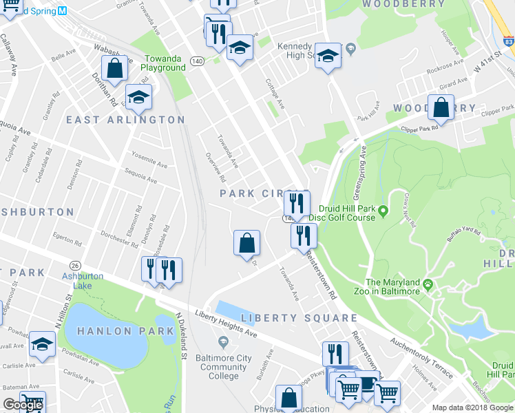 map of restaurants, bars, coffee shops, grocery stores, and more near 2825 Hilldale Ave in Baltimore