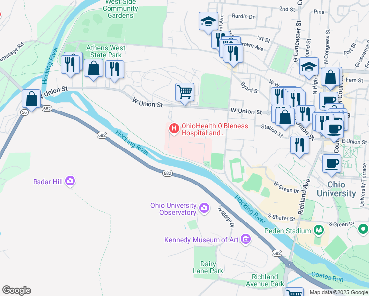 map of restaurants, bars, coffee shops, grocery stores, and more near 55 Hospital Drive in Athens