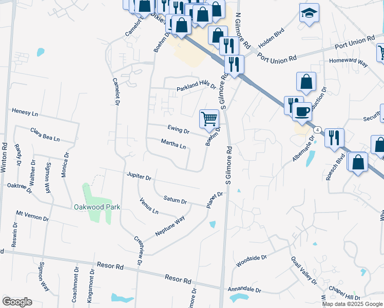 map of restaurants, bars, coffee shops, grocery stores, and more near 223 Martha Lane in Fairfield