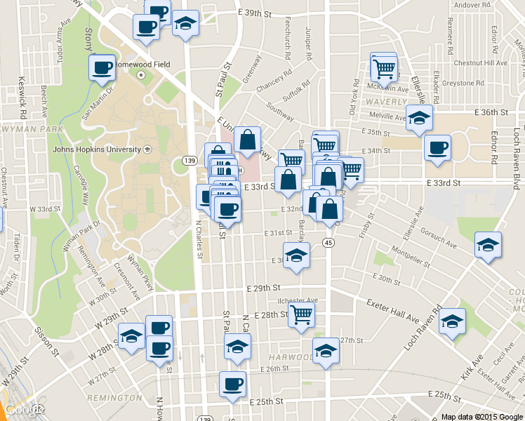 map of restaurants, bars, coffee shops, grocery stores, and more near E 32nd St & Guilford Ave in Baltimore