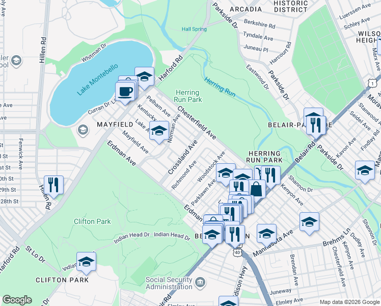 map of restaurants, bars, coffee shops, grocery stores, and more near 3509 Crossland Avenue in Baltimore